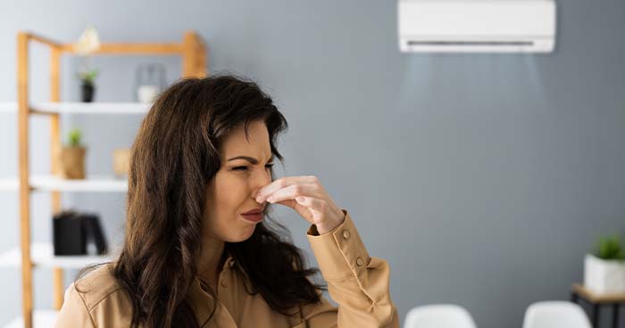 Image: a woman holding her nose to block out a smell. When you have a problem with your sewer line, a strong stench will be in the air.