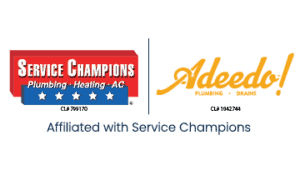 The official logos for Service Champions Plumbing, Heating, AC and Adeedo Plumbing and Drains are displayed alongside a friendly note confirming that the two companies are proudly affiliated.