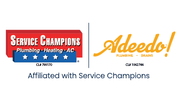 The official logos for Service Champions Plumbing, Heating, AC and Adeedo Plumbing and Drains are displayed alongside a friendly note confirming that the two companies are proudly affiliated.