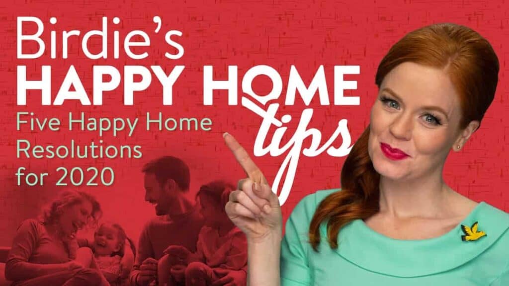 An Adeedo team member in a green dress points to "Birdie's Happy Home Tips: Five Happy Home Resolutions for 2020" on a red background.