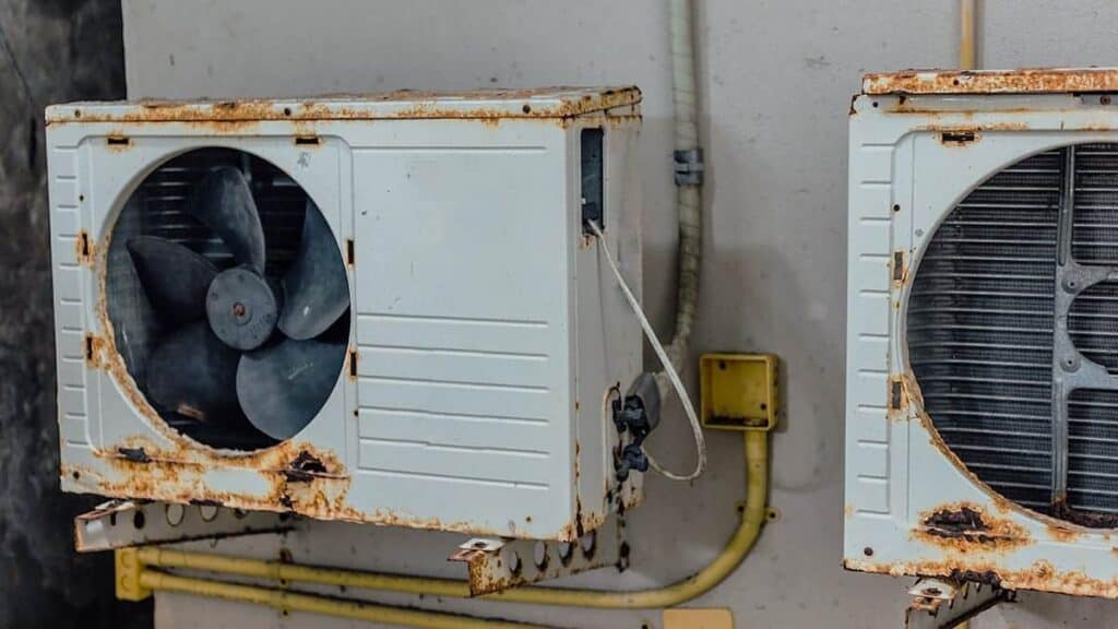 Two outdoor AC units with visible pipes and wiring are mounted on a wall, ready for Adeedo's expert team to service or replace.