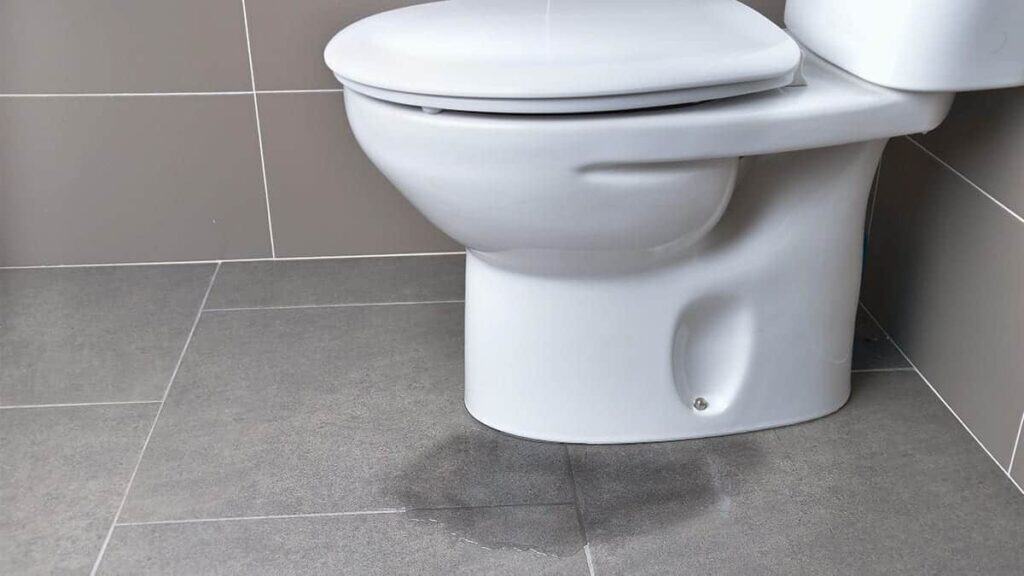 A white toilet with water leaking onto the grey tiled floor, ready for Adeedo’s team to provide prompt and professional repair.
