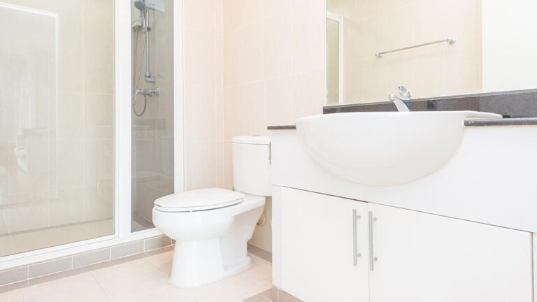 A clean, modern bathroom featuring Adeedo’s expert-installed glass shower, white toilet, vanity with sink, and a sleek wall mirror.