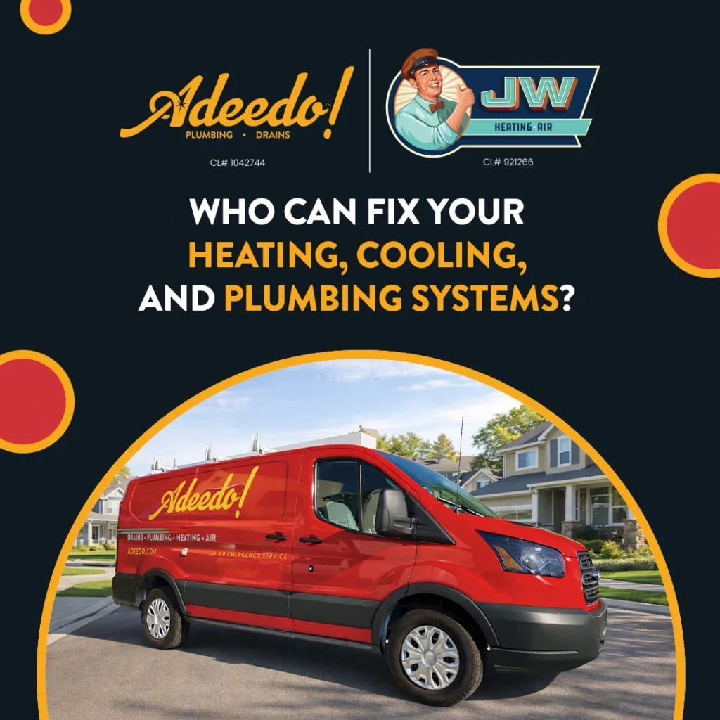 An Adeedo! red service van is parked outside customer homes, showcasing expert heating, cooling, and plumbing solutions by our team.