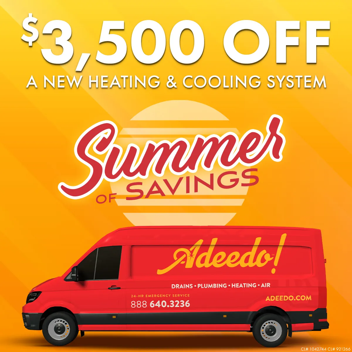 A red Adeedo service van sits against a bright yellow backdrop, highlighting a $3,500 Summer of Savings discount on new systems.