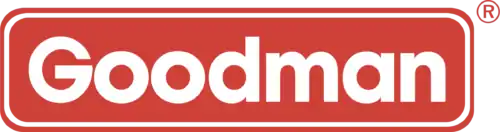 The Goodman logo is displayed in crisp white lettering on a bright red rectangle with rounded corners, featuring the registered trademark symbol at the top right.
