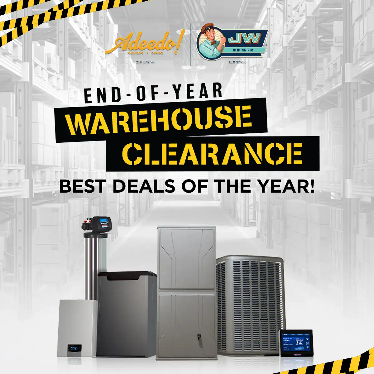 Four Adeedo HVAC units and a thermostat are showcased in front of organized warehouse shelves, highlighting an end-of-year warehouse clearance event with the best deals of the year.