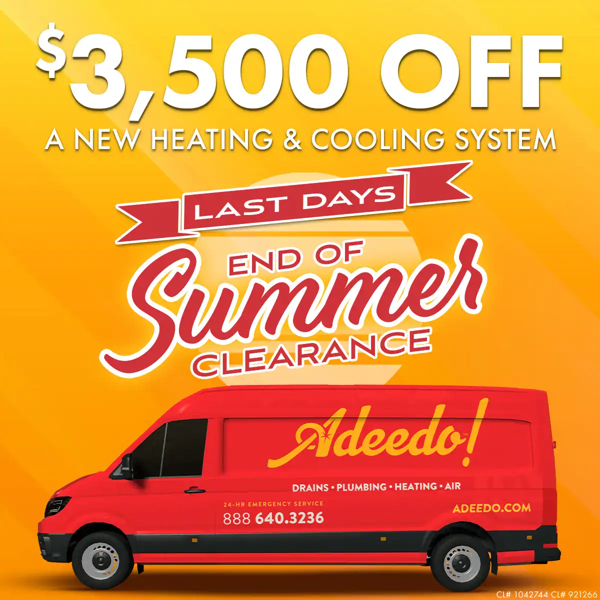 A bright, welcoming ad highlights a special offer of “$3,500 off a new heating and cooling system,” featuring a red Adeedo service van ready to assist customers. The message “End of Summer Clearance” stands out on a cheerful yellow background, showcasing Adeedo’s commitment to excellent service.